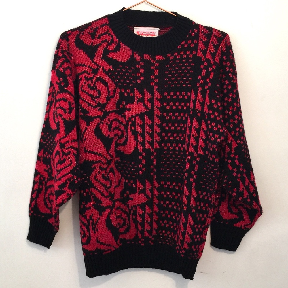 Vintage 1980s Sparkly Red and Black Sweater